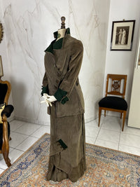 1912 striped Edwardian walking dress in cotton with high waistline, long skirt and decorative buttons, antique gown