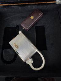 Silver cigarette case of Crown Prince Wilhelm of Prussia with crowned monogram, presentation pin and original caricature in bespoke casket.