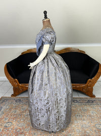 1845 Austrian Biedermeier evening dress in ivory silk with puffed sleeves and fitted bodice, antique gown