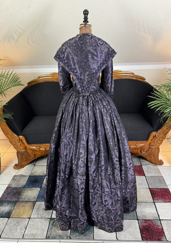 1847 Biedermeier visiting gown in brown silk with wide pagoda sleeves and fitted bodice, antique dress