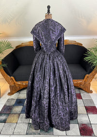 1847 Biedermeier visiting gown in brown silk with wide pagoda sleeves and fitted bodice, antique dress