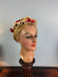 Victorian lace bonnet with red ribbons, indoor house bonnet ca. 1880, well preserved.