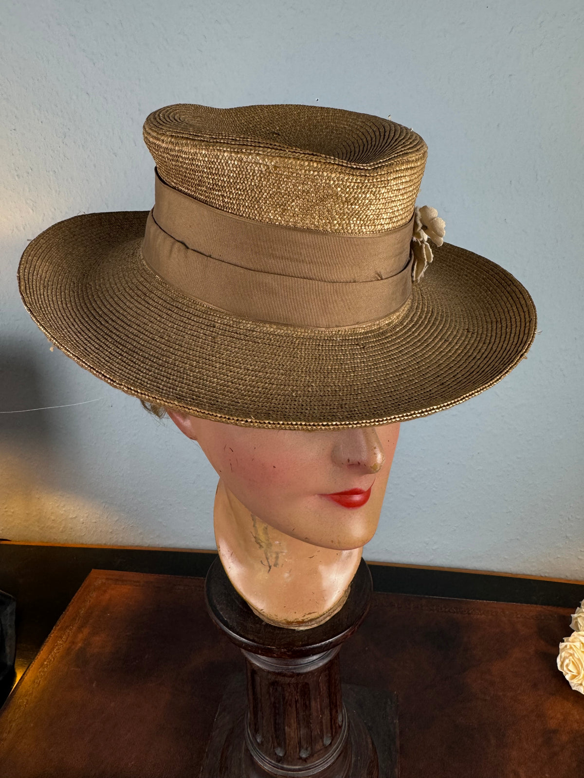 Antique 1903 fine‑woven French straw hat with silk band, fabric flowers, dark pearls, silk lining, well preserved