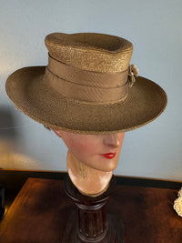 Antique 1903 fine‑woven French straw hat with silk band, fabric flowers, dark pearls, silk lining, well preserved