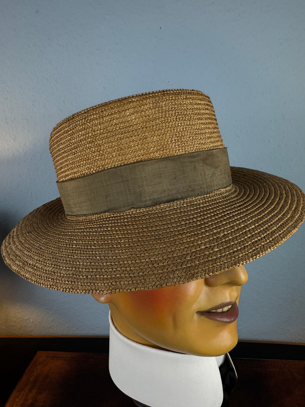 Antique 1905 French men’s straw hat with Rousseu & ses Fils label, velvet band, lined interior, handwritten owner’s tag, well preserved.”
