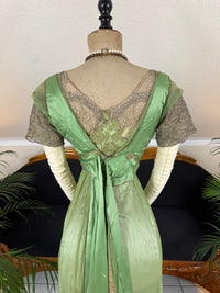Edwardian green evening gown by Albert Franck, Frankfurt court dressmaker; Art Nouveau tulle and metallic lace design representing Frankfurt fashion history