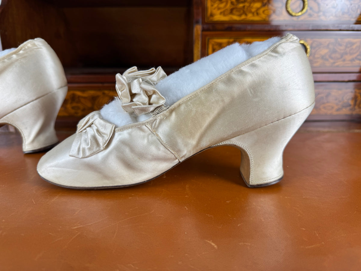 Antique 1882 silk wedding shoes with double bows by Julien Mayer Paris and Kate Rimer provenance
