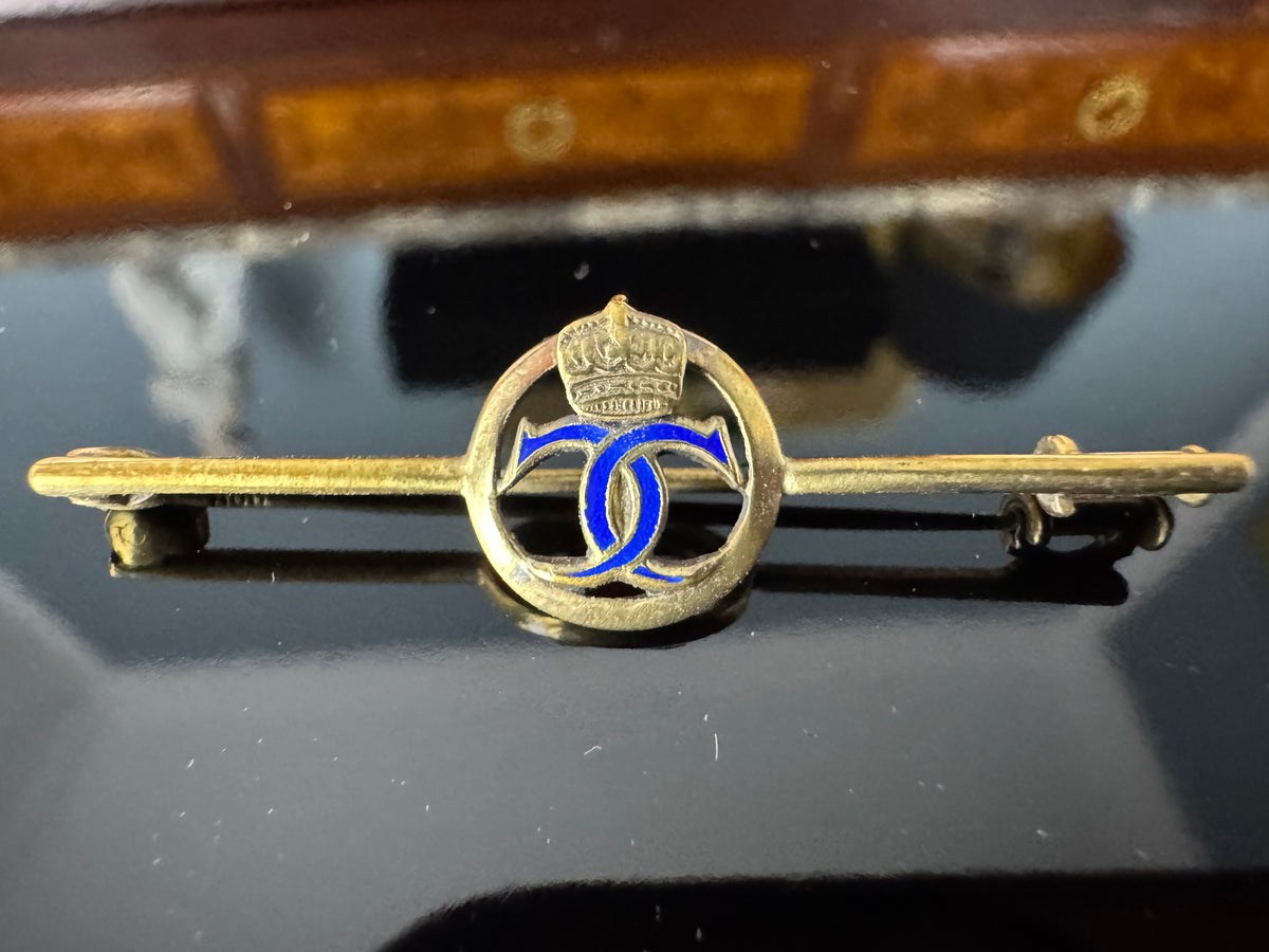 Gold tie pin with crowned blue enamel monogram of Crown Princess Cecilie of Prussia, Imperial German court jewellery.