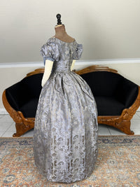 1845 Austrian Biedermeier evening dress in ivory silk with puffed sleeves and fitted bodice, antique gown