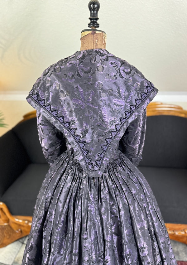 1847 Biedermeier visiting gown in brown silk with wide pagoda sleeves and fitted bodice, antique dress