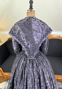 1847 Biedermeier visiting gown in brown silk with wide pagoda sleeves and fitted bodice, antique dress
