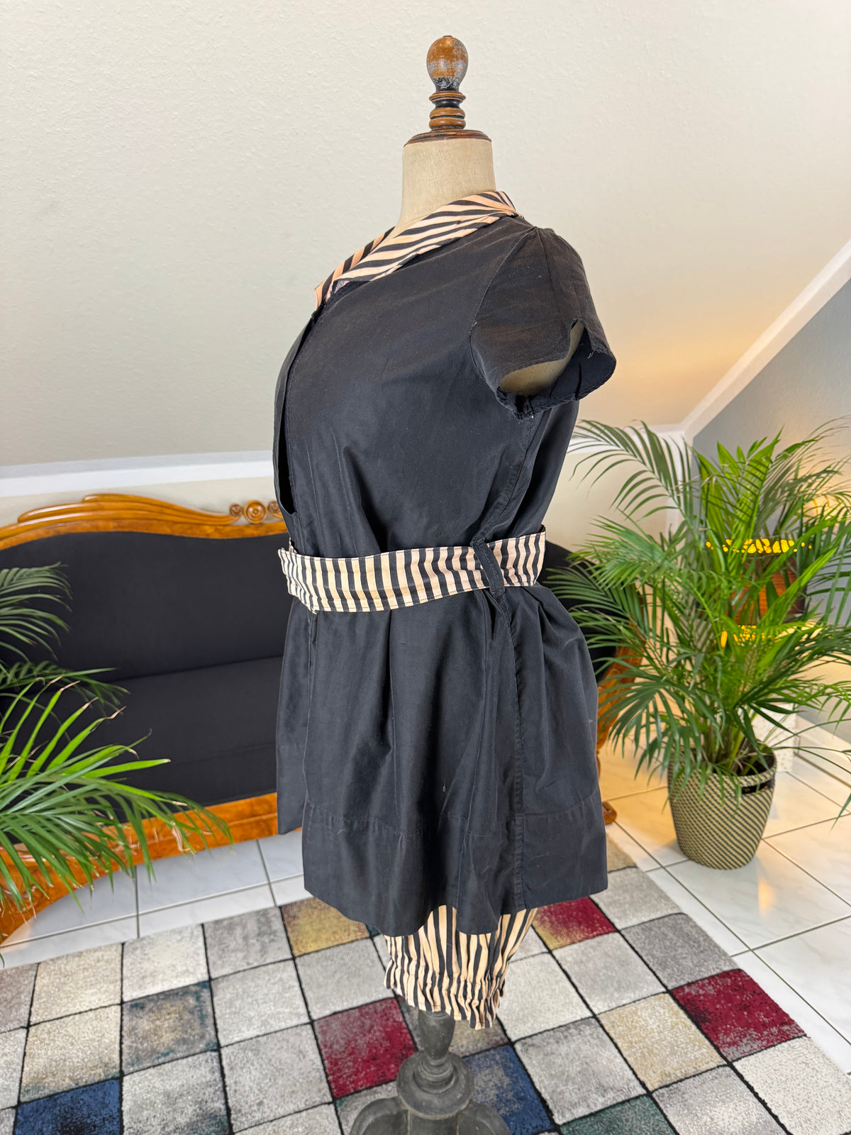Early 20th‑century bathing costume, striped cotton, good condition