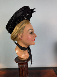 Victorian bonnet ca. 1880 with silk, sequins, fabric flowers, Paris label, chin bow, well preserved