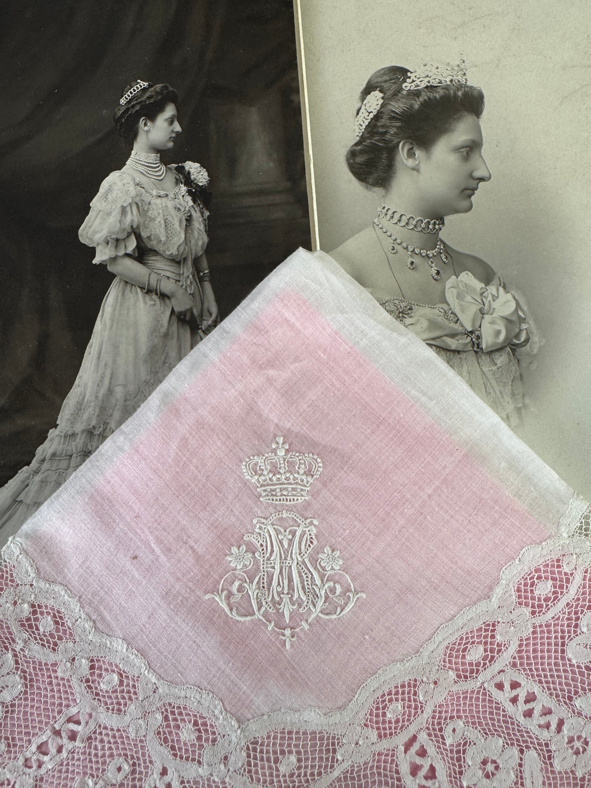 Royal antique lace handkerchiefs c.1900 – Tuscany–Württemberg double coat of arms from the wedding trousseau of Archduchess Maria Immakulata