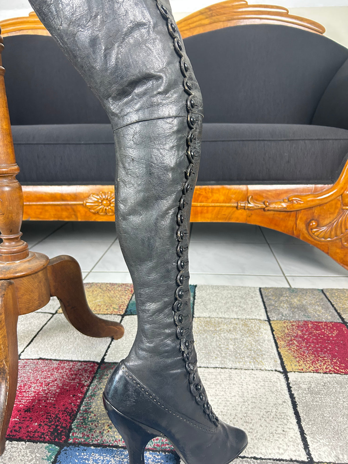Rare antique fetish button boots circa 1900 with high heels, silk lining, and exceptionally tall shaft from Germany or Austria