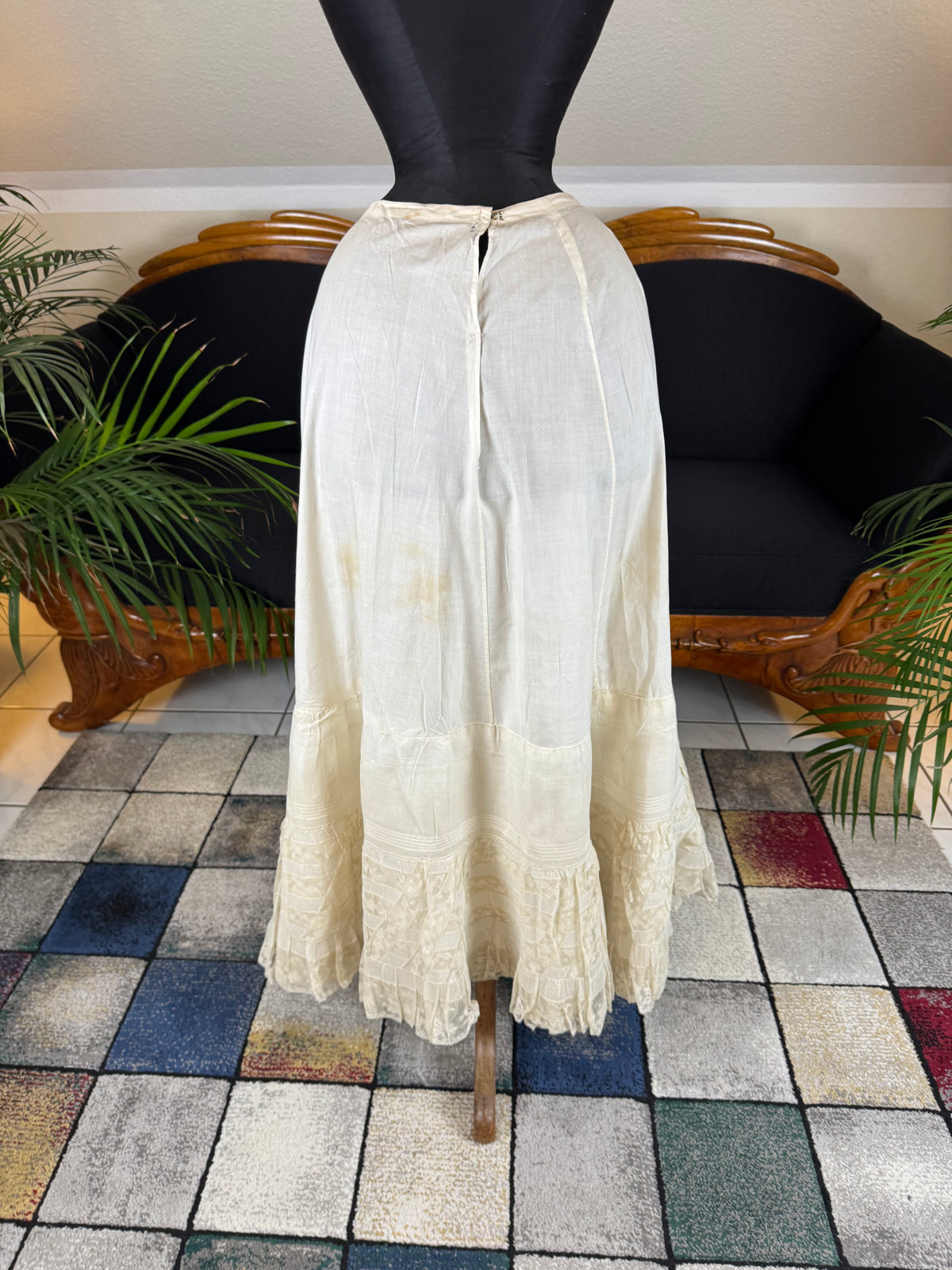 Antique Edwardian petticoat from Lady Gillman wedding trousseau circa 1911 with whitework embroidery, lace inserts and layered skirt construction