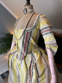 Striped silk 18th‑century dress with matching petticoat, robe à l’anglaise