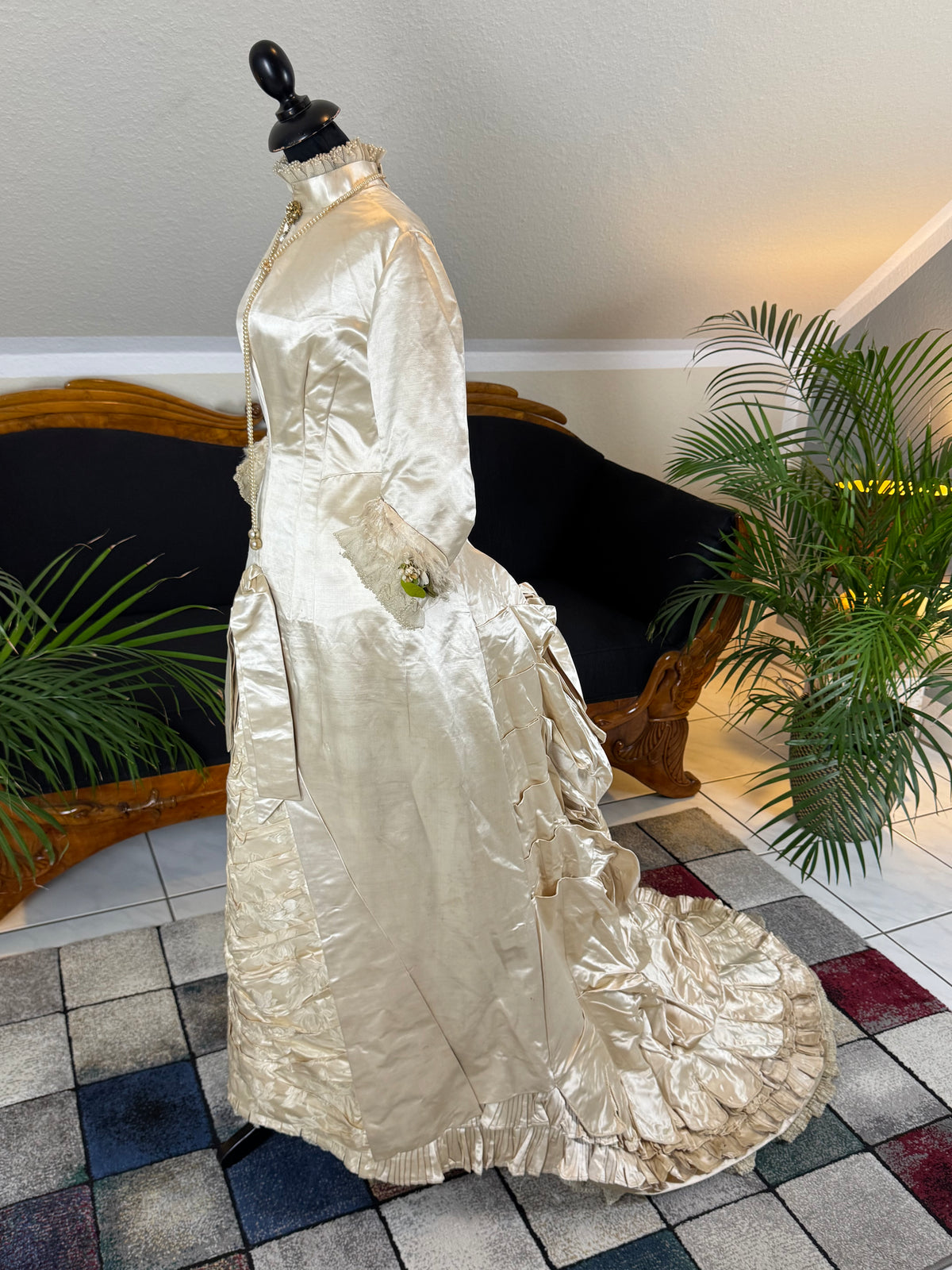 Antique 1882 cream satin silk wedding dress with pleated trims, lace, faux pearls and Kate Rimer provenance
