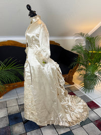 Antique 1882 cream satin silk wedding dress with pleated trims, lace, faux pearls and Kate Rimer provenance