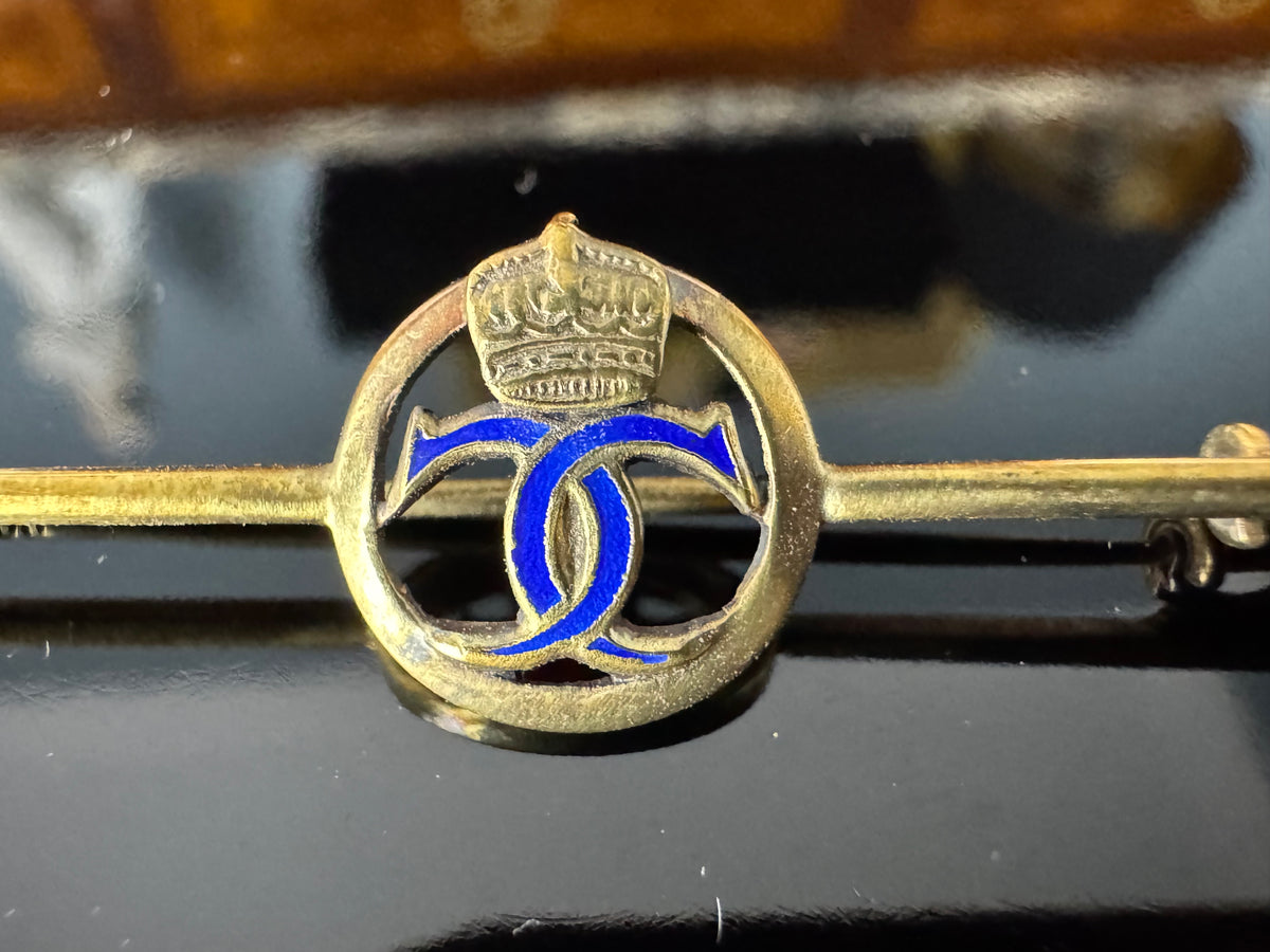 Gold tie pin with crowned blue enamel monogram of Crown Princess Cecilie of Prussia, Imperial German court jewellery.