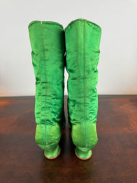 Victorian Green Silk Lace‑Up Boots, ca. 1875 – Low Heel, Brass Fasteners, Red Leather Lining