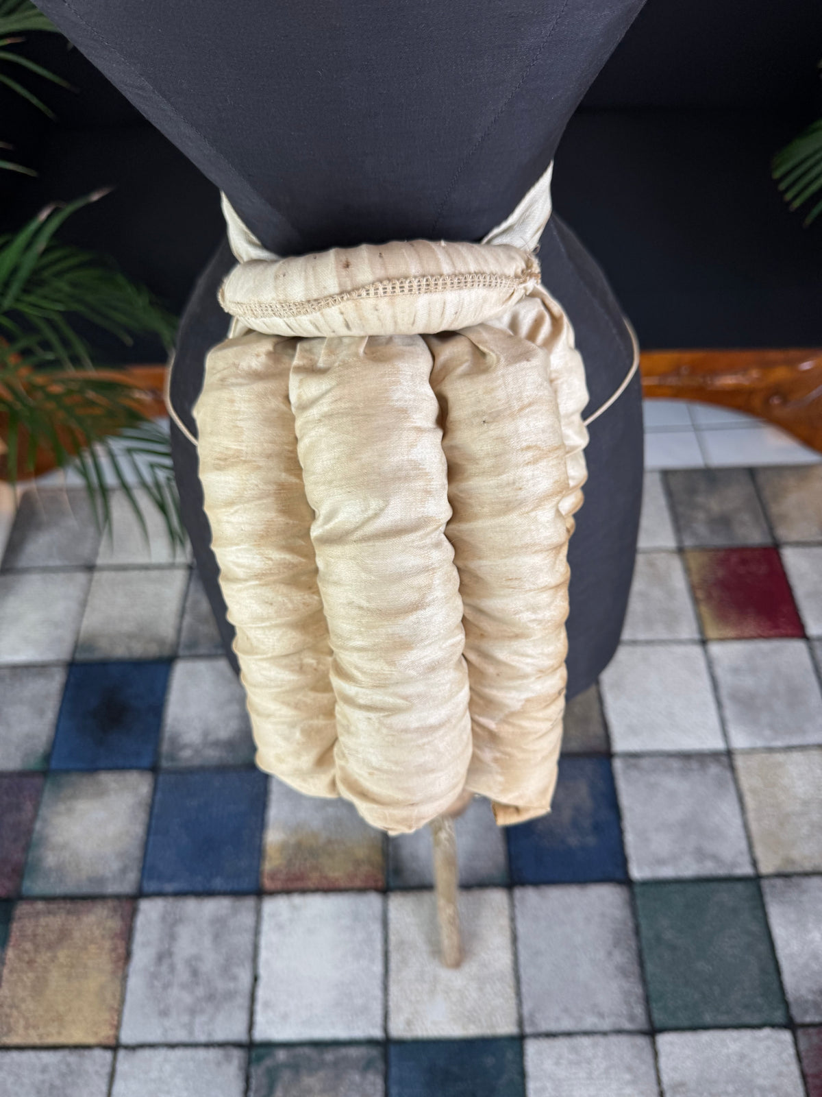 Antique tri‑coil bustle, 1880s cotton and steel coil Victorian undergarment