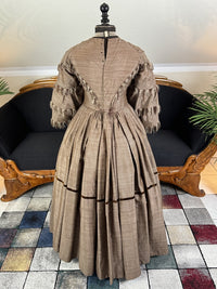 1850s brown striped silk governess dress with lace insert and tiered sleeves, antique Victorian gown