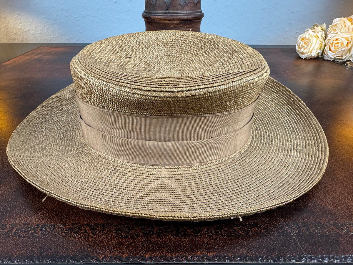 Antique Fine‑Woven French Straw Hat, ca. 1903 – Silk Band & Floral Details