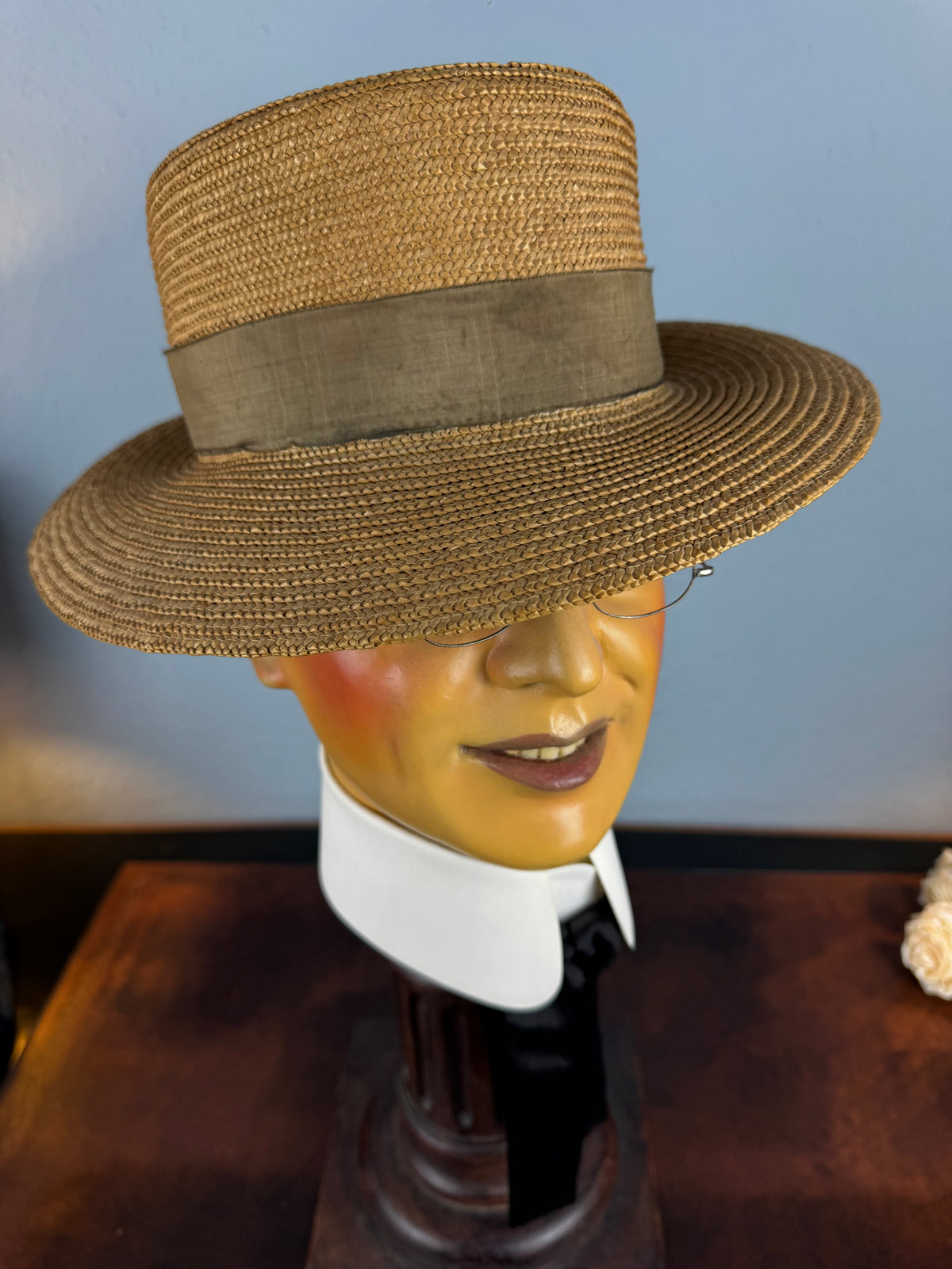 Antique 1905 French men’s straw hat with Rousseu & ses Fils label, velvet band, lined interior, handwritten owner’s tag, well preserved.”
