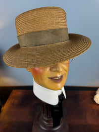 Antique 1905 French men’s straw hat with Rousseu & ses Fils label, velvet band, lined interior, handwritten owner’s tag, well preserved.”