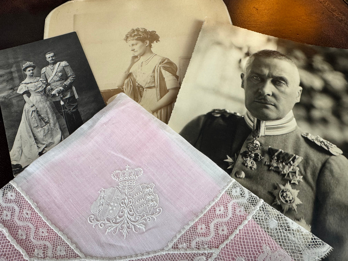 Royal antique lace handkerchiefs c.1900 – Tuscany–Württemberg double coat of arms from the wedding trousseau of Archduchess Maria Immakulata