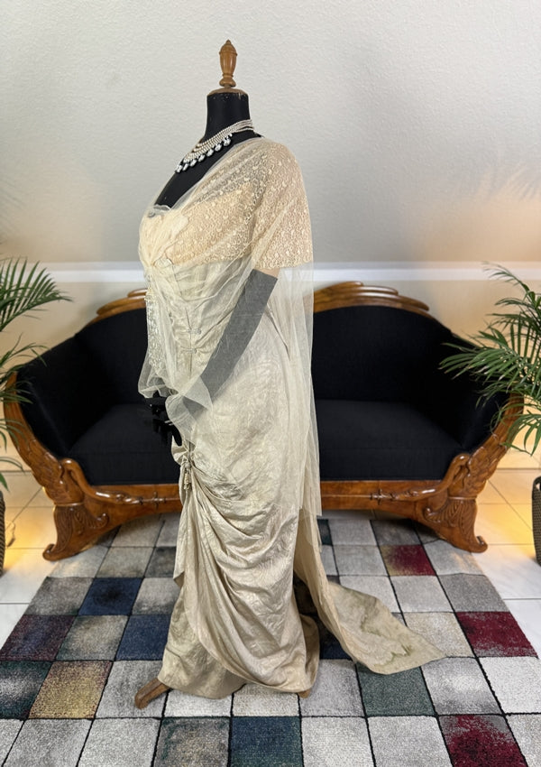 1912 Titanic‑era antique evening dress in ivory silk with lace bodice, draped skirt and rhinestone details, antique gown