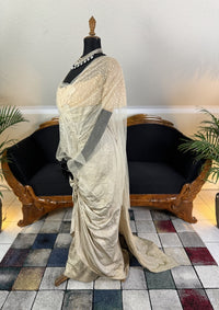1912 Titanic‑era antique evening dress in ivory silk with lace bodice, draped skirt and rhinestone details, antique gown