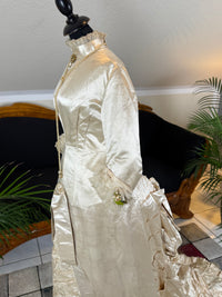 Antique 1882 cream satin silk wedding dress with pleated trims, lace, faux pearls and Kate Rimer provenance
