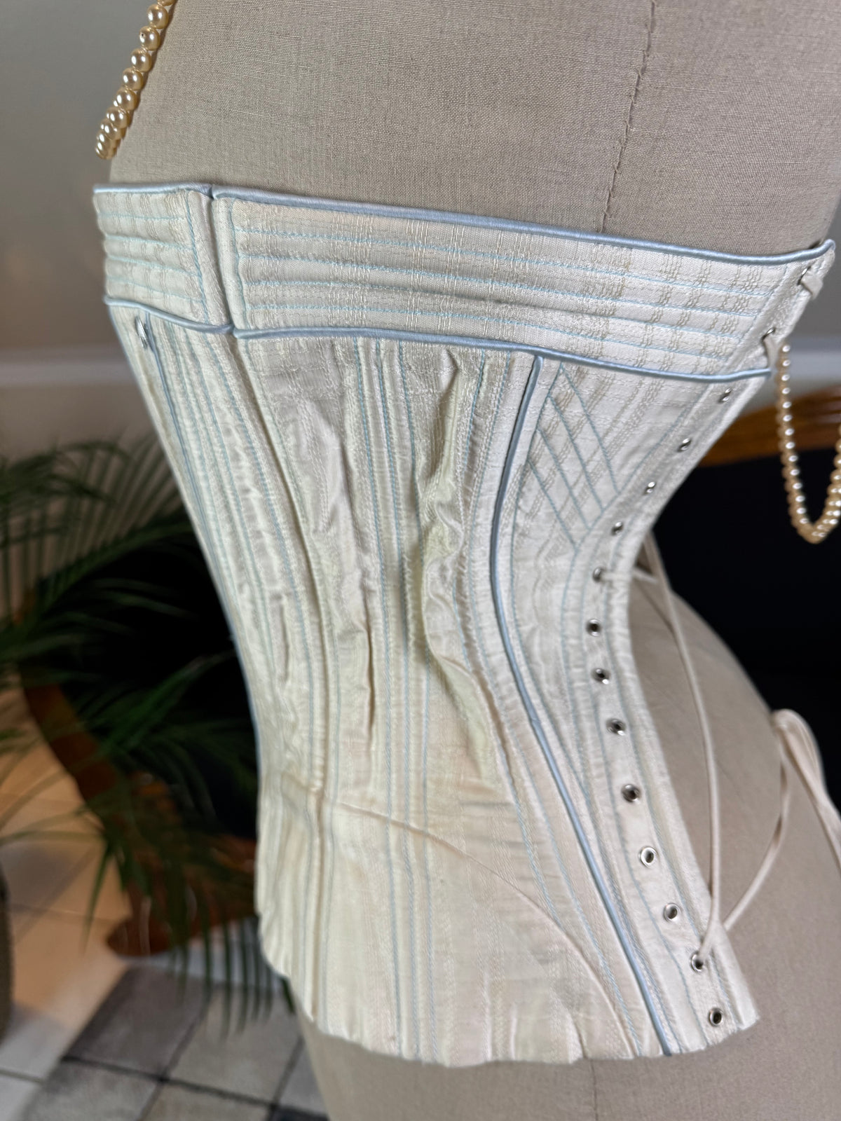 Vintage Cream Silk Corset, English Manufactory, 18th‑Century Style
