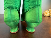 Victorian Green Silk Lace‑Up Boots, ca. 1875 – Low Heel, Brass Fasteners, Red Leather Lining