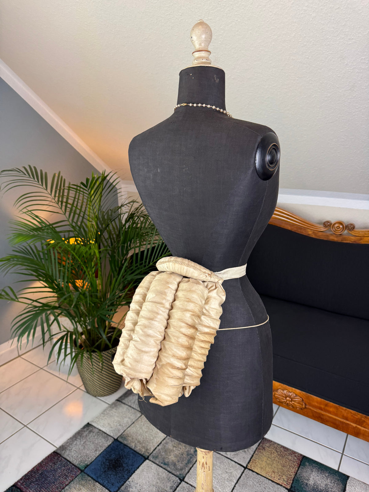 Antique tri‑coil bustle, 1880s cotton and steel coil Victorian undergarment