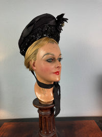 Victorian bonnet ca. 1880 with silk, sequins, fabric flowers, Paris label, chin bow, well preserved