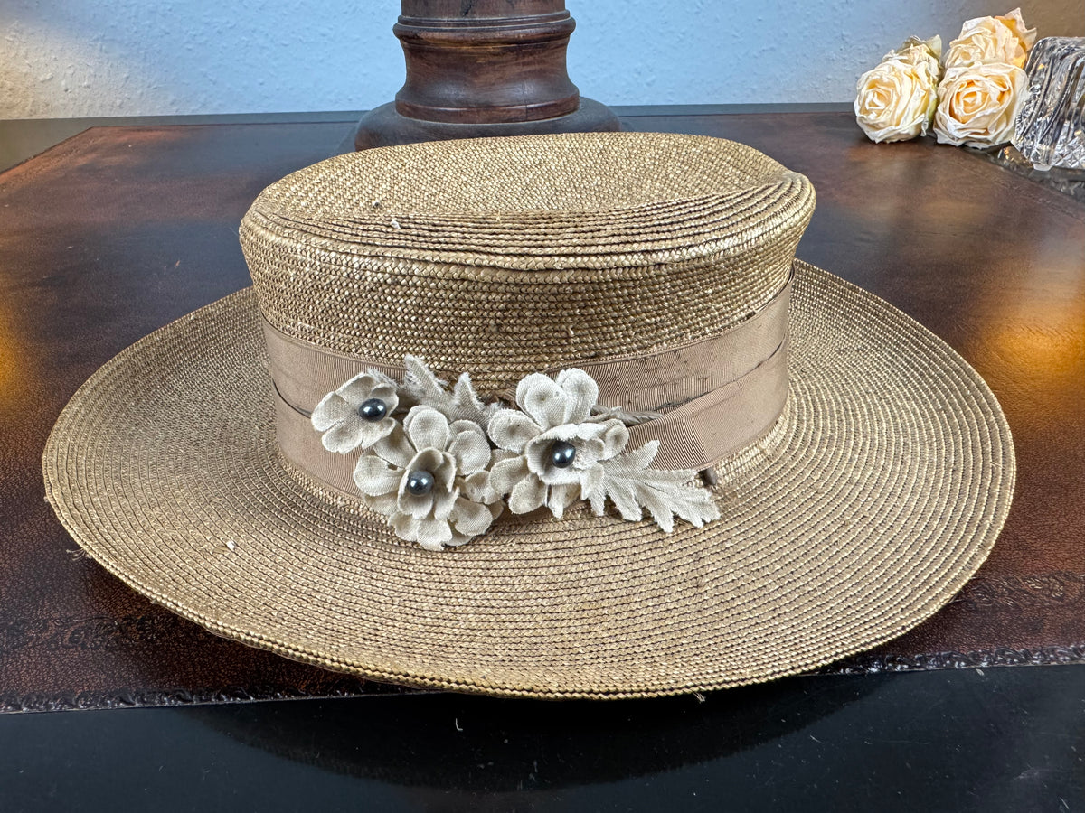 Antique Fine‑Woven French Straw Hat, ca. 1903 – Silk Band & Floral Details