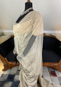 1912 Titanic‑era antique evening dress in ivory silk with lace bodice, draped skirt and rhinestone details, antique gown
