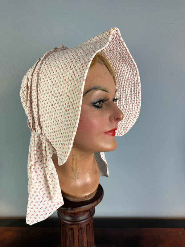 Victorian printed sunbonnet, rural workwear, wide quilted brim