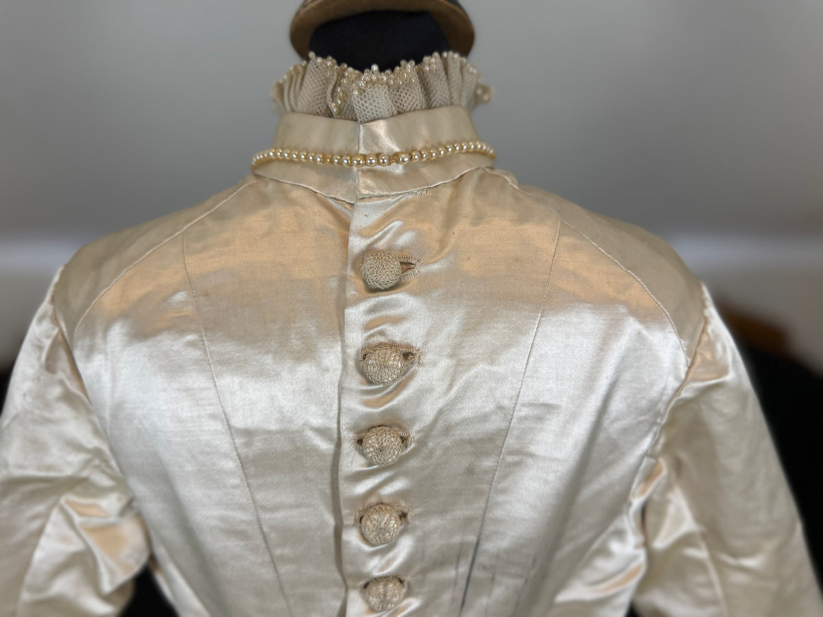 Antique Wedding Dress 1882 – Cream Satin Silk with Pleated Trims, Lace & Faux Pearls, Kate Rimer Provenance