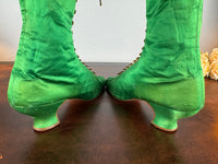 Victorian Green Silk Lace‑Up Boots, ca. 1875 – Low Heel, Brass Fasteners, Red Leather Lining