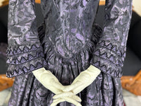 1847 Biedermeier visiting gown in brown silk with wide pagoda sleeves and fitted bodice, antique dress