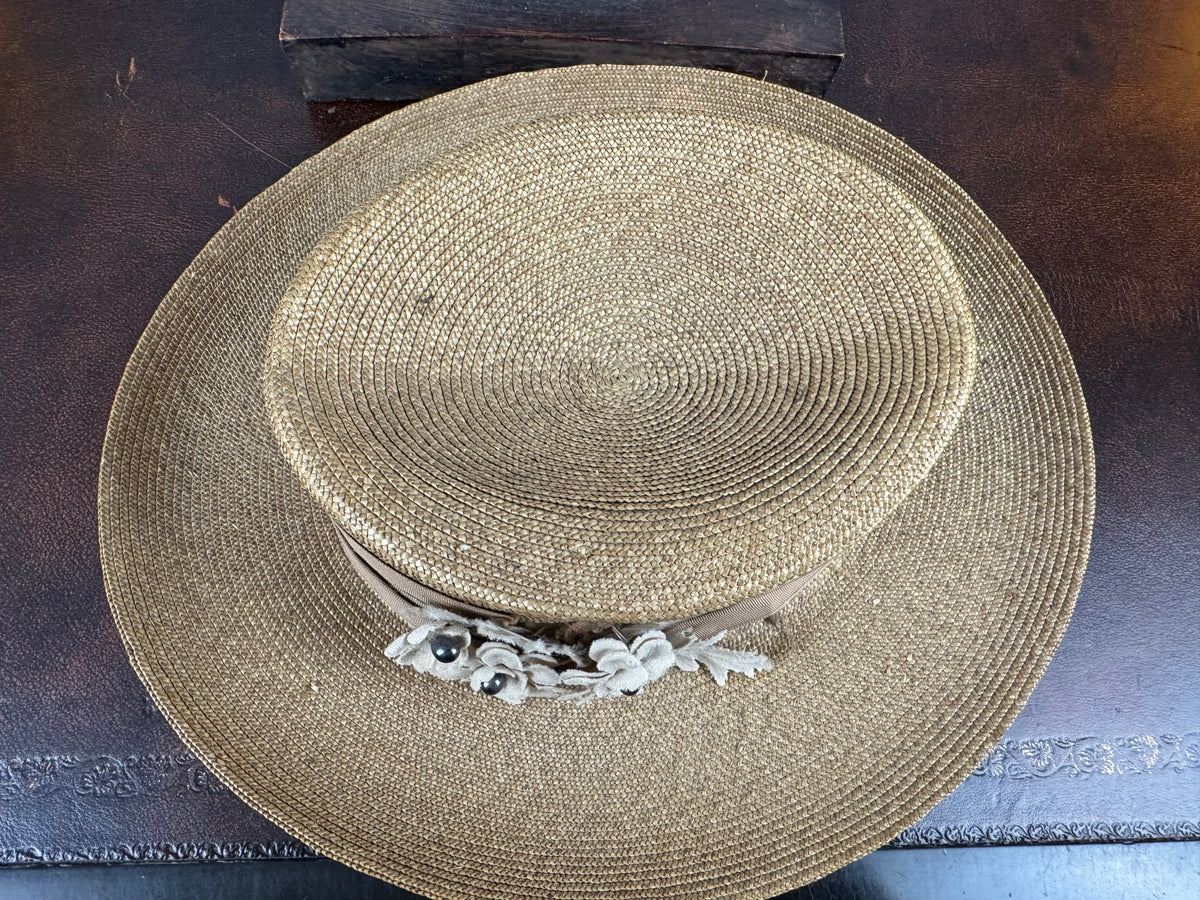 Antique Fine‑Woven French Straw Hat, ca. 1903 – Silk Band & Floral Details