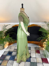 Edwardian green evening gown by Albert Franck, Frankfurt court dressmaker; Art Nouveau tulle and metallic lace design representing Frankfurt fashion history