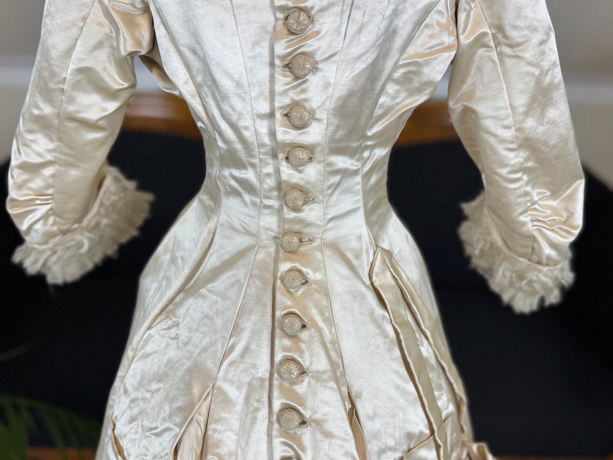 Antique Wedding Dress 1882 – Cream Satin Silk with Pleated Trims, Lace & Faux Pearls, Kate Rimer Provenance
