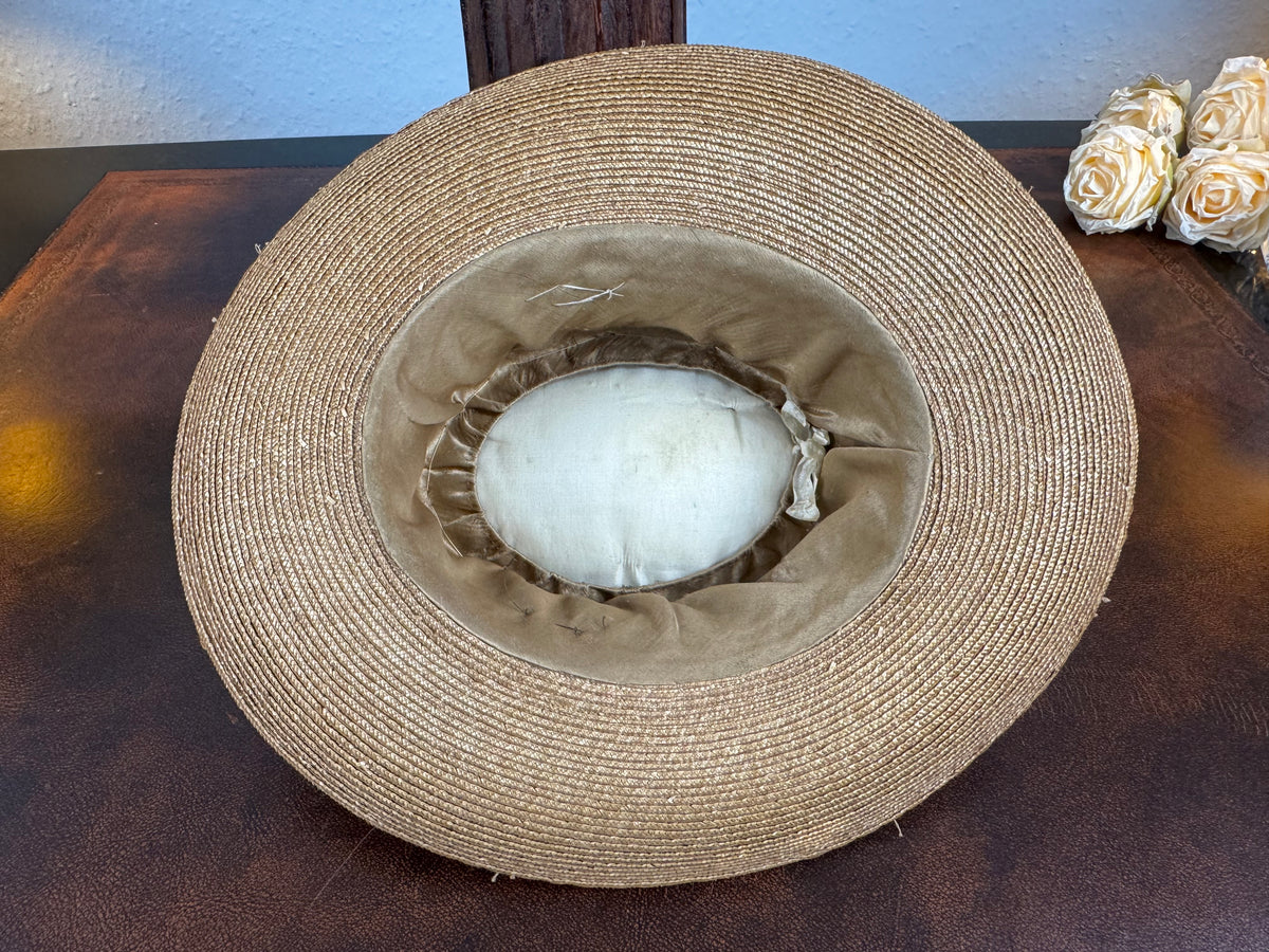Antique Fine‑Woven French Straw Hat, ca. 1903 – Silk Band & Floral Details