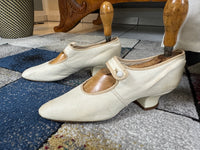White Goatskin Wedding Shoes — 19th‑century footwear, strap fastening with white button