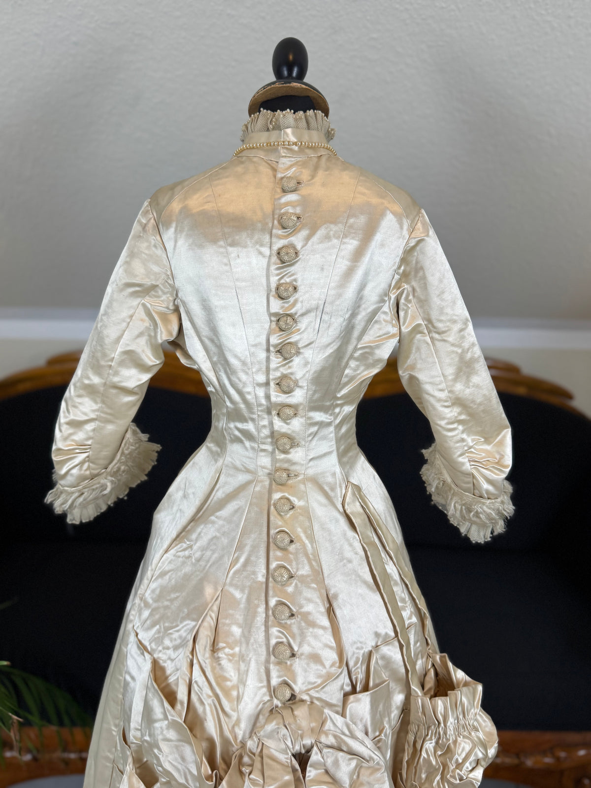 Antique Wedding Dress 1882 – Cream Satin Silk with Pleated Trims, Lace & Faux Pearls, Kate Rimer Provenance